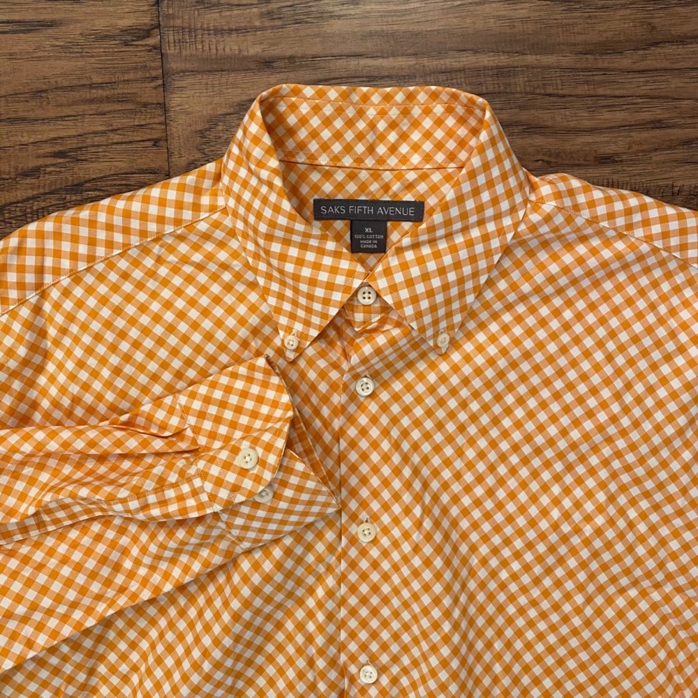 Saks Fifth Avenue Gingham Button Down Mens XL Orange Check Cotton Shirt